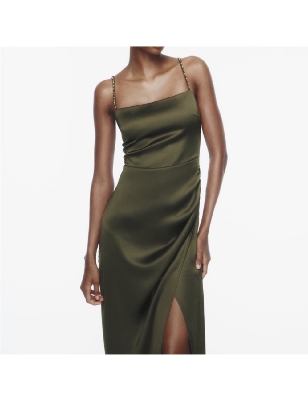 Zara Olive Green Satin Slip Dress with Beaded Straps